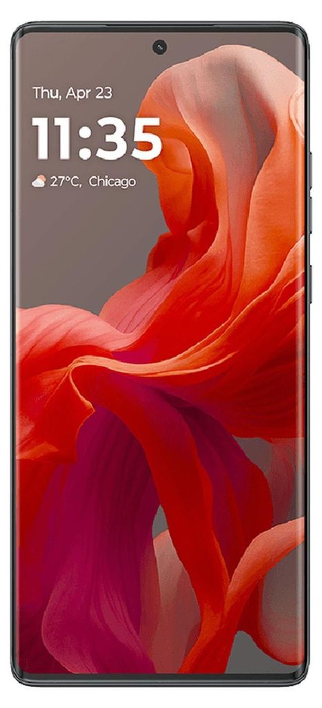 A smartphone with a colorful abstract wallpaper displayed on its screen.