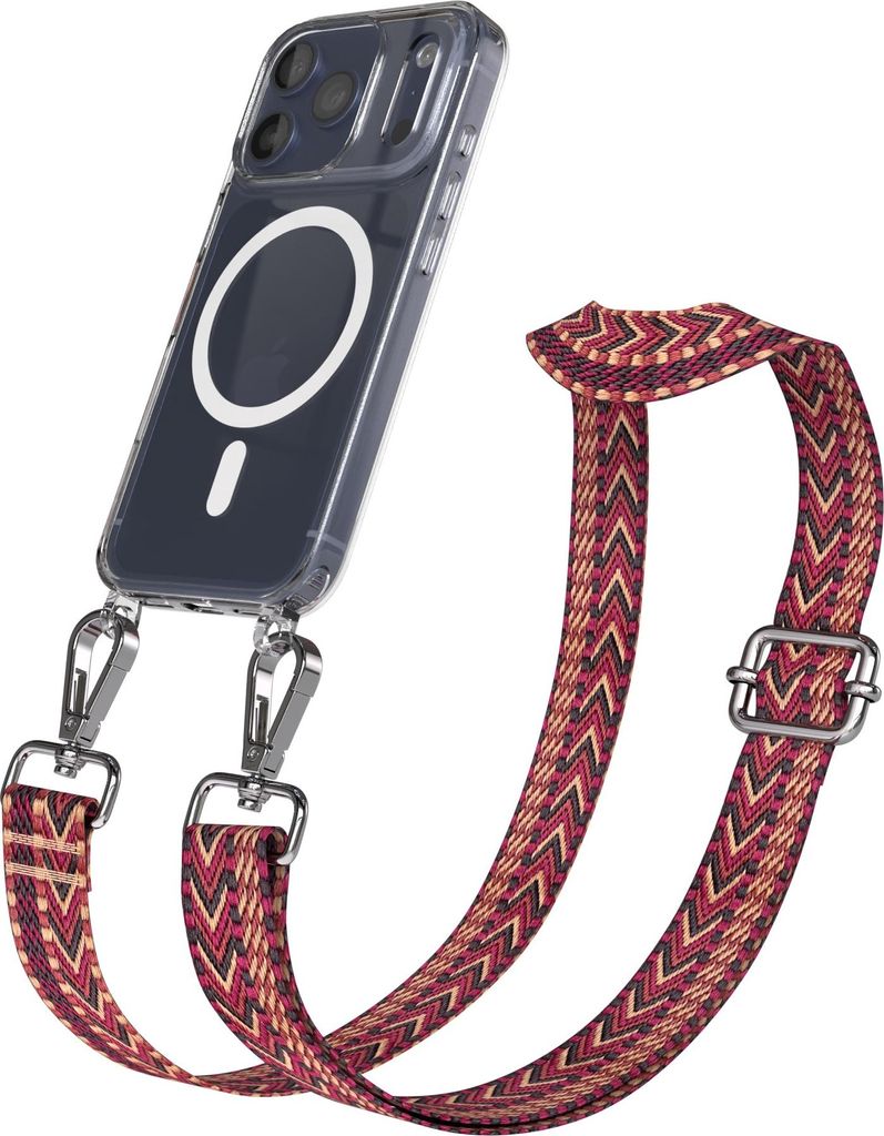 EAZY CASE - Handykette mit MagSafe Hülle für Apple iPhone 17 Pro, Handyband ZigZag Style, Karabiner Silber, Umhängeband in Rot