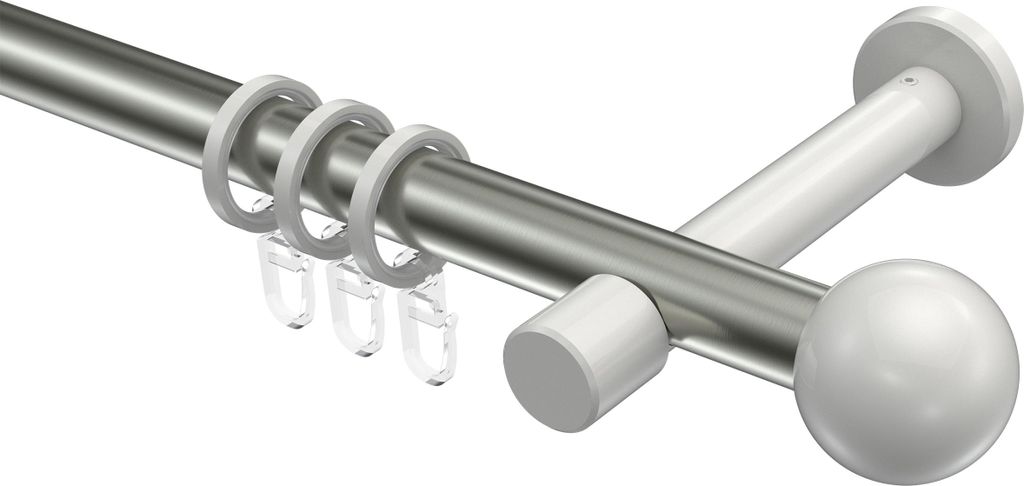 Interdeco Gardinenstange / Vorhangstange Edelstahl-Optik / Weiß, Typ Prestige Luino (Kugel), 20 mm Ø 1-läufig, 100 cm