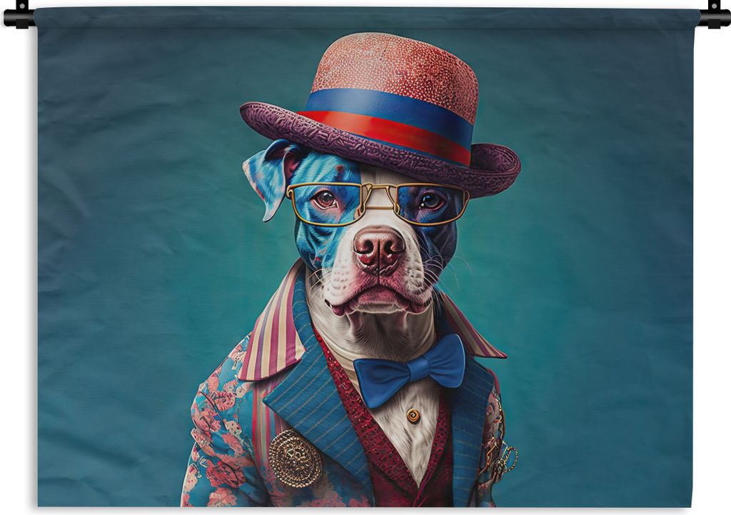MuchoWow Wandteppich Wandbehang Hund - Hut - Jacke - Blumen - Blau 120x90 cm Tapisserie Dekoration Wandtuch - Wohnen - Aufhänger für die Wand