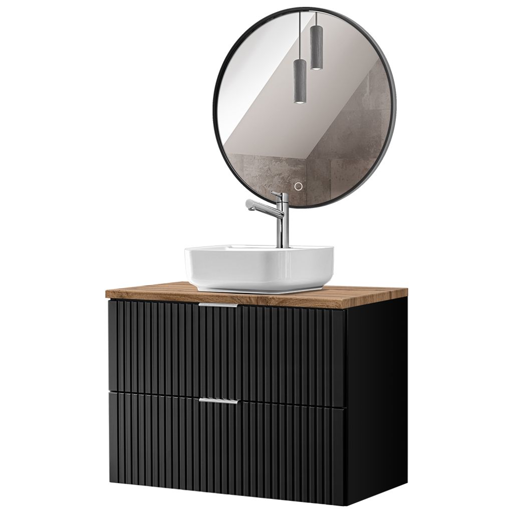 Waschplatz Set, 80cm breit mit Keramik Waschbecken und LED Spiegel, schwarz matt mit Eiche Nb., Front gerillt, ADELAIDE-56-BLACK, B/H/T ca. 80,6/20...