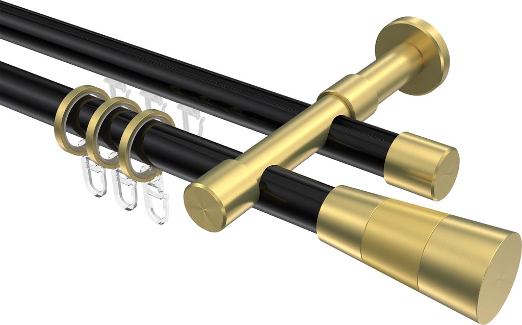 Interdeco Rundrohr-Innenlaufstange / Gardinenstange (Kombination) Schwarz / Messing-Optik, Typ Prestige Tanara (Konus), 20 mm Ø 2-läufig, 180 cm