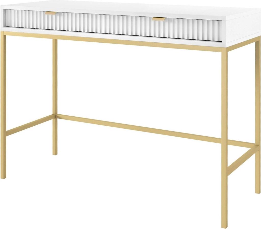 Schminktisch Kioto 104 cm Weiß & Gold – Rillenfront, Goldene Griffe, 2 Schubladen, Elegant
