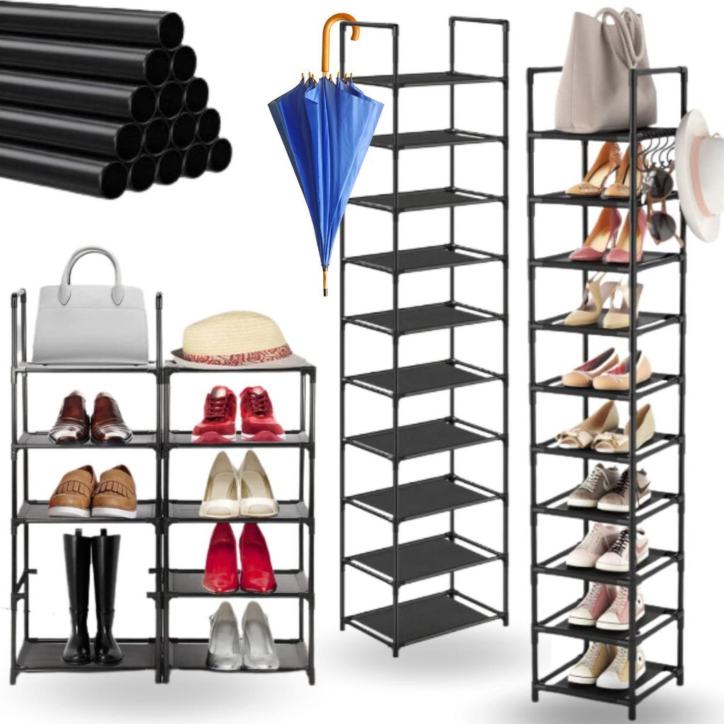 Regalschrank 33x33x173 klappbar für Schuhe, Schuhregal, Metallgestell, schwarz