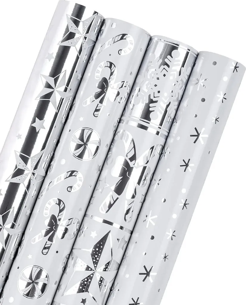 Rouleau de Papier Cadeau de Noël Argenté et Brillant - Pack de 4 Unités