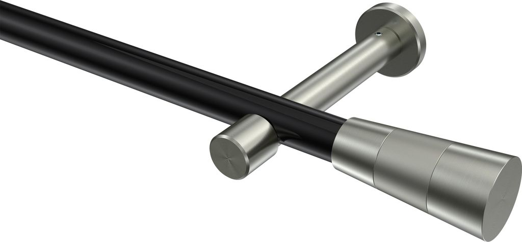 Interdeco Gardinenstange / Vorhangstange Schwarz / Edelstahl-Optik, Typ Prestige Tanara (Konus Bicolor) ohne Ringe, 20 mm Ø 1-läufig, 260 cm