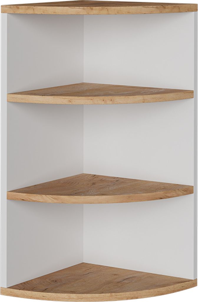 A corner shelf unit with three shelves.