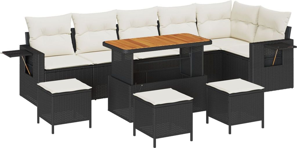 Möbel 10-teilige Garten Sofa Set mit Kissen Schwarz Poly Rattan Akazie, 4-teiliges Garten Esstisch Set mit Kissen Schwarz Poly Rattan Akazie - Gar...