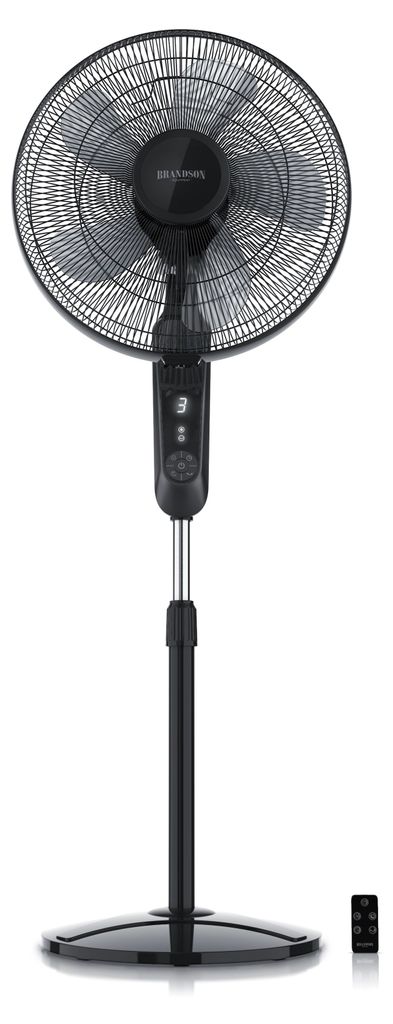 A black pedestal fan standing on a white background.