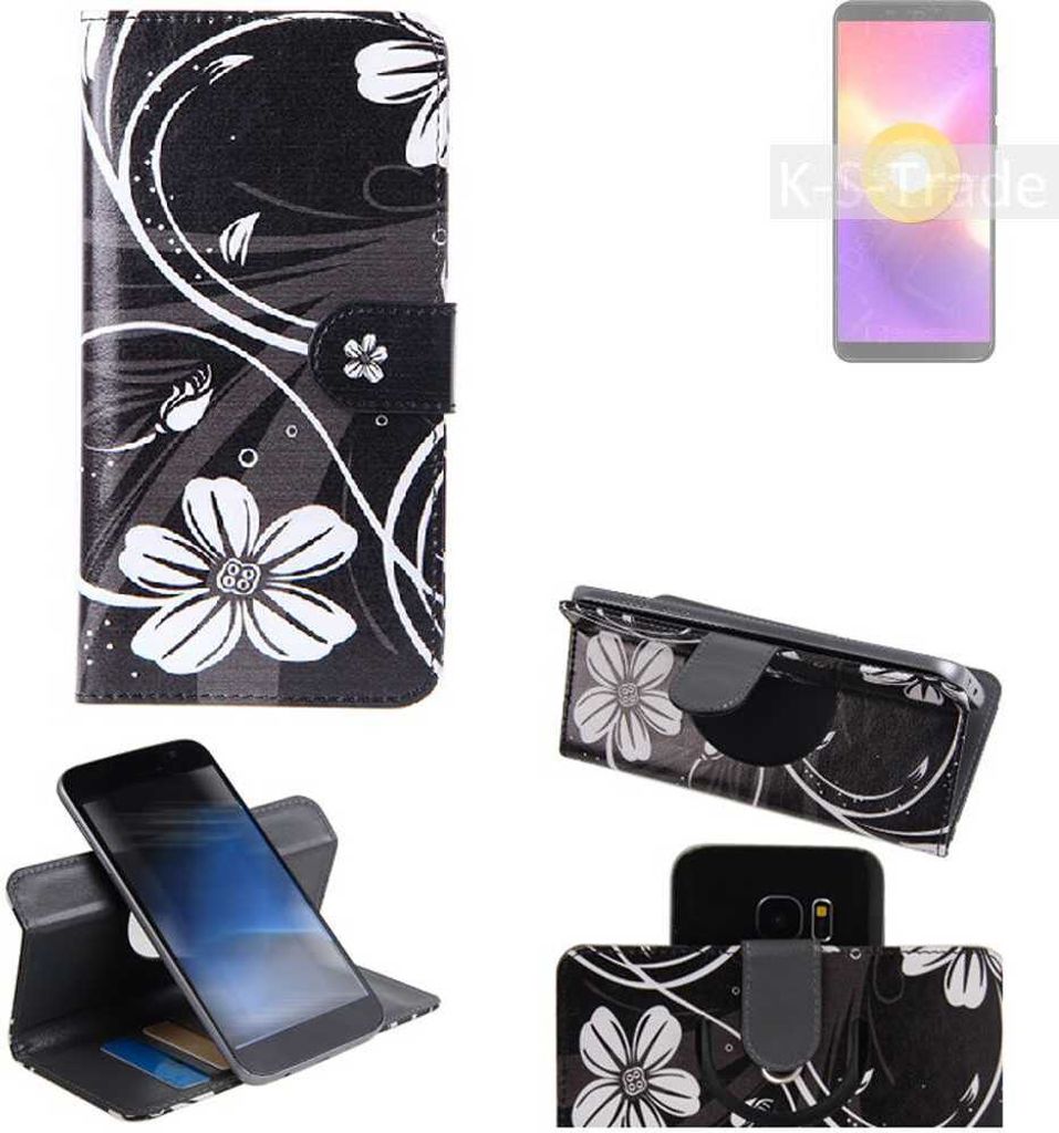 K-S-Trade Schutzhülle Handyhülle kompatibel mit Cubot Nova Hülle 360° Wallet Case ''Flowers'' Klapphülle Hülle schwarz-weiß 1x