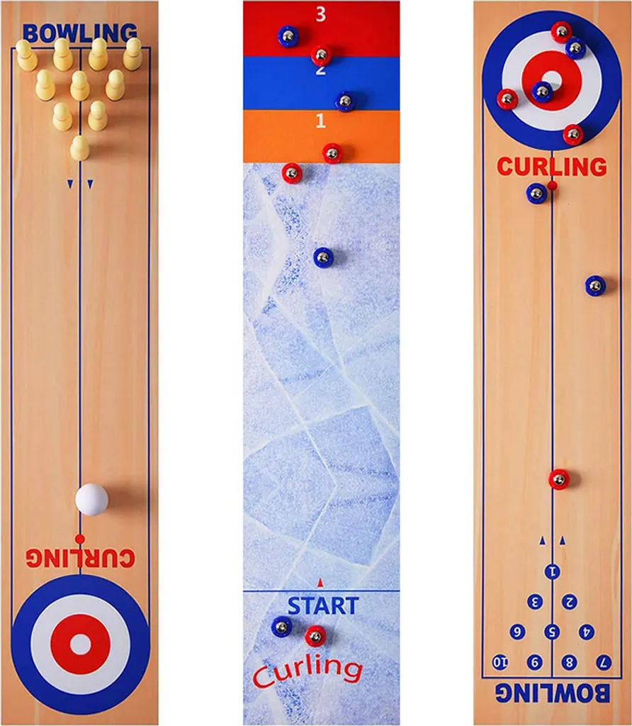 Jeu de Table 3 en 1 Curling Bowling Shuffleboard pour Famille et Amis