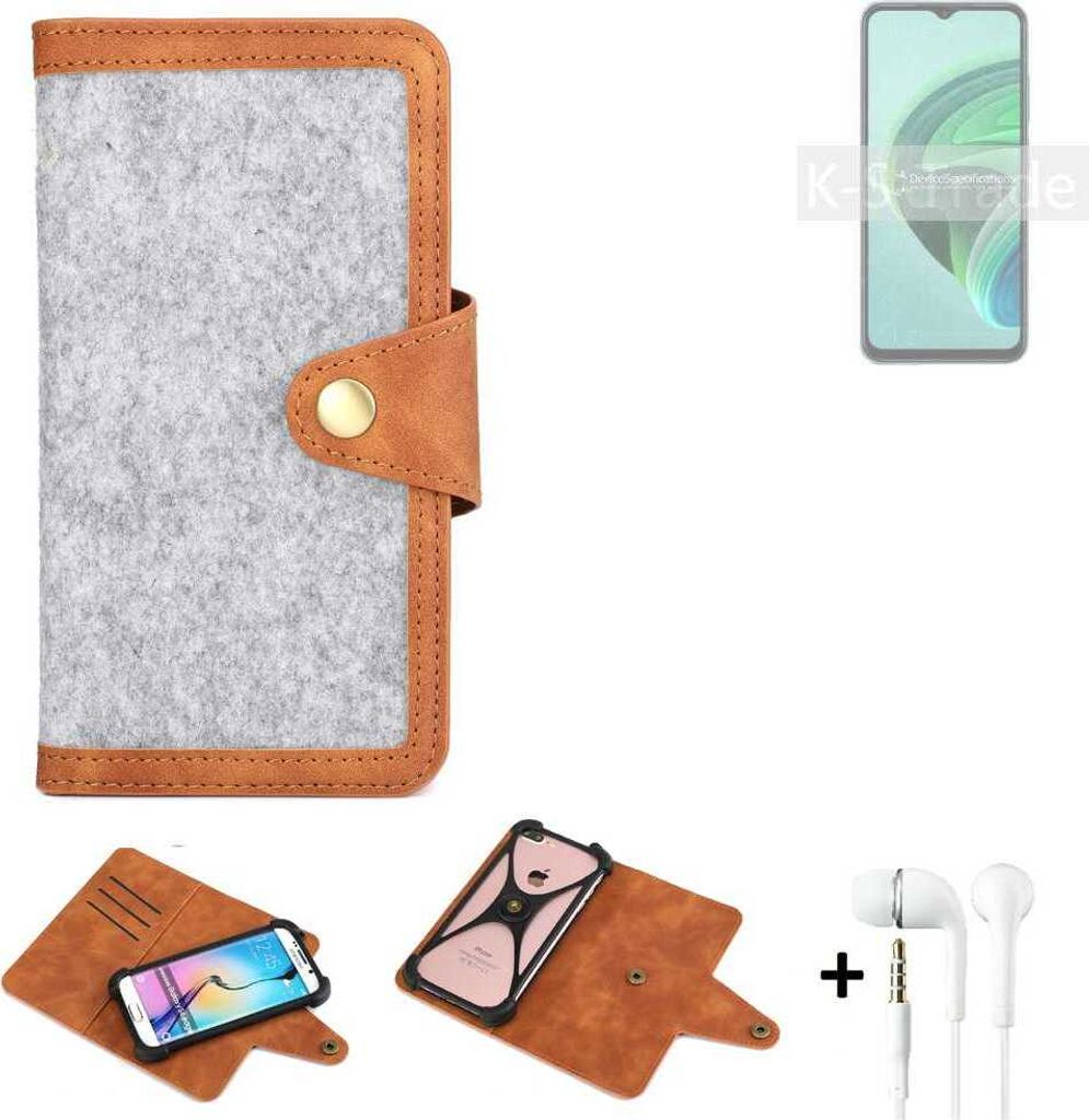 K-S-Trade Handyhülle + Kopfhörer kompatibel mit Xiaomi Redmi 10 5G Schutzhülle Filz Hülle Kunstleder hellgrau braun (1x)