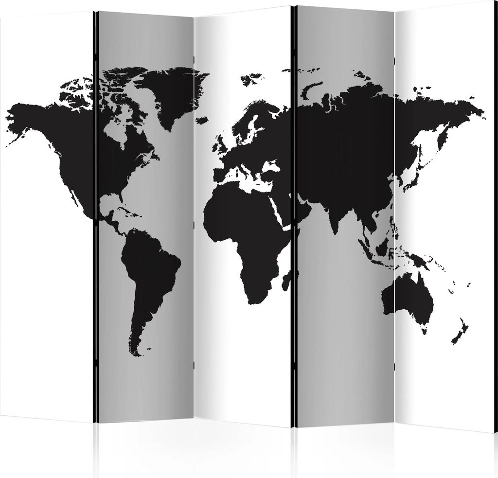 5-teiliger Doppelseitiger Vlies Paravent - Black & White World II 225x172 cm Karten k-B-0052-z-c