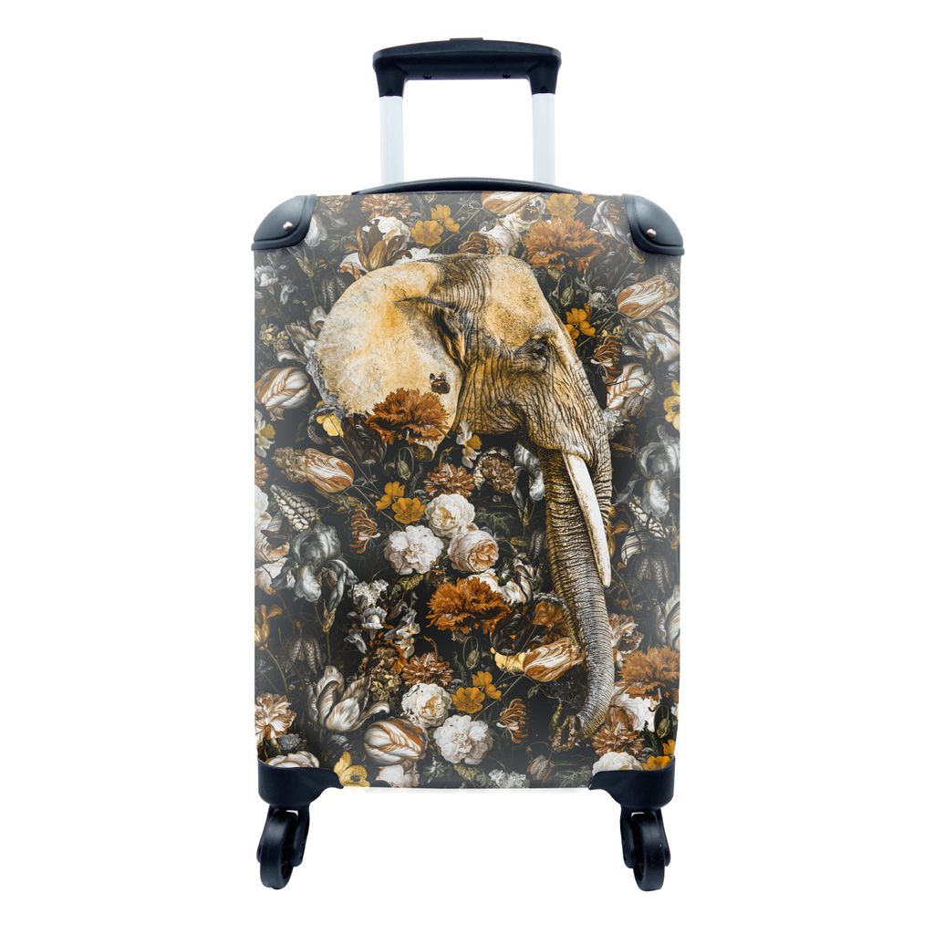 MuchoWow Koffer Handgepäck Trolley Rollkoffer Kleine Reisekoffer mit 4 Rollen - Elefant - Blumen - Braun - Cabin Size < 55x40x23 cm & 55x40x20 c...