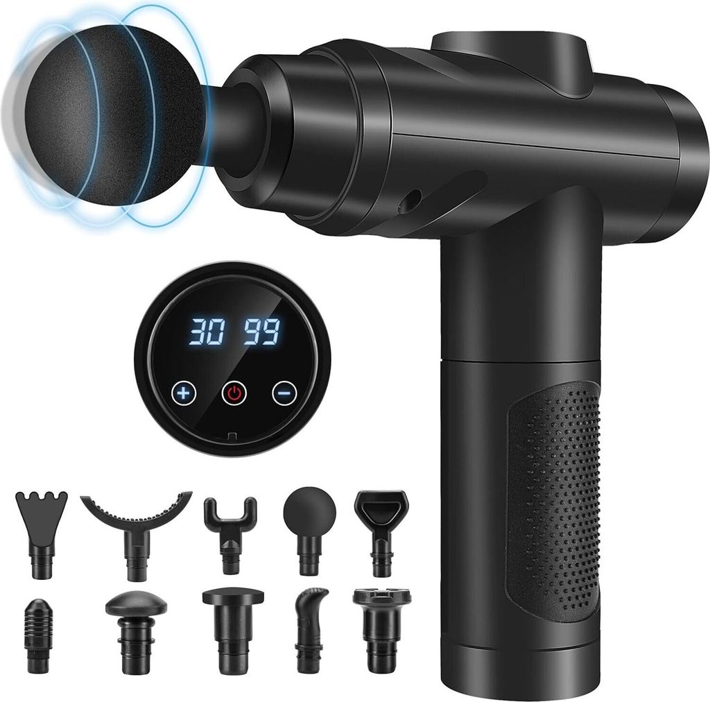 A black massage gun with multiple attachments and a digital display showing speed and battery level.