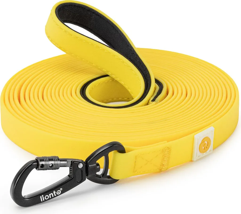 guinzaglio per cani lionto 15 m, resistente e impermeabile con passante in morbido neoprene e moschettone girevole, giallo