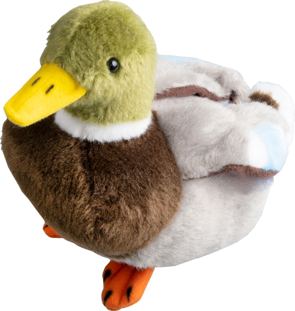A plush toy duck on a white background.