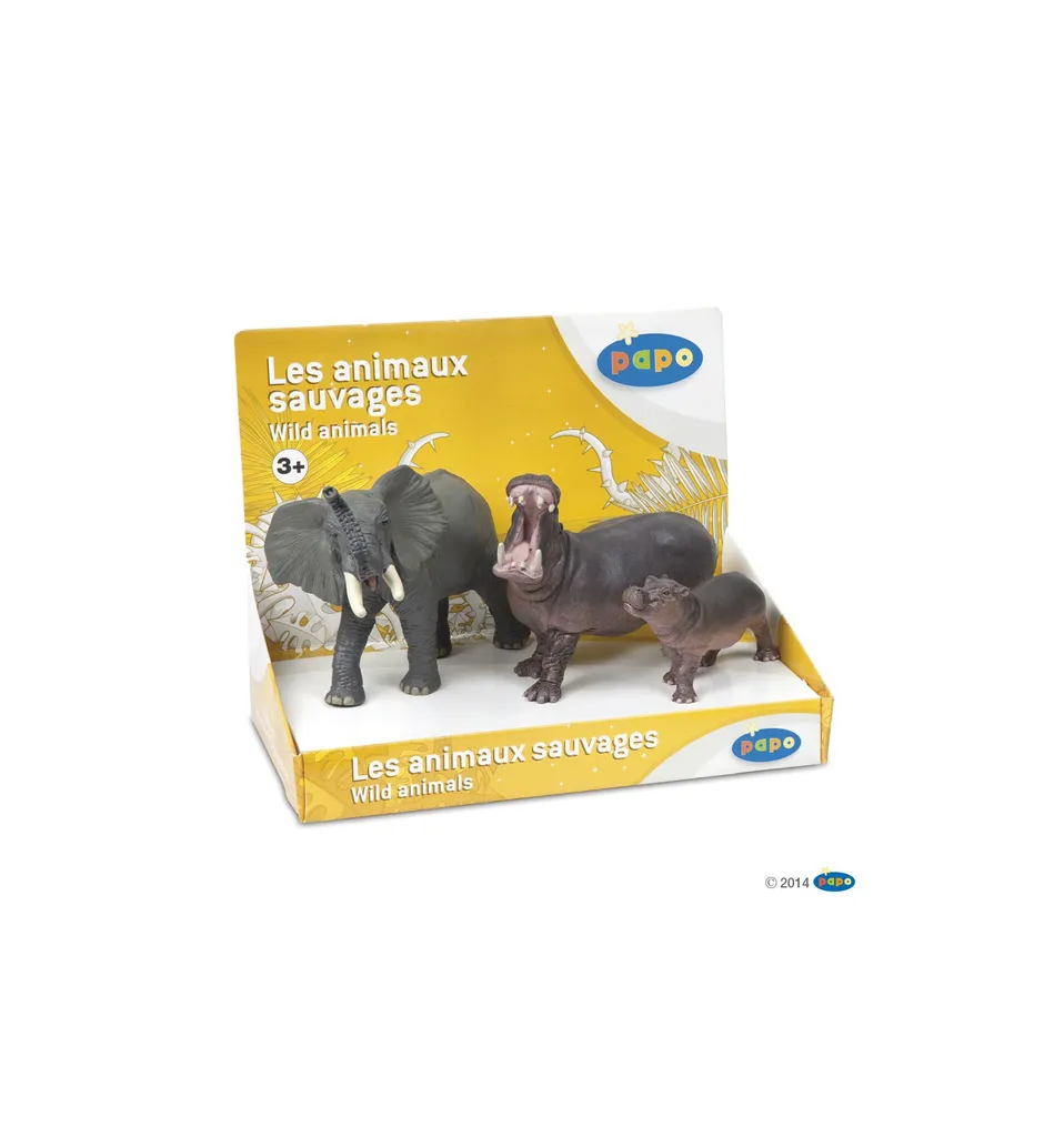 Figurines Papo Animaux Sauvages Éléphant et Hippopotames - Set de 3 Pièces