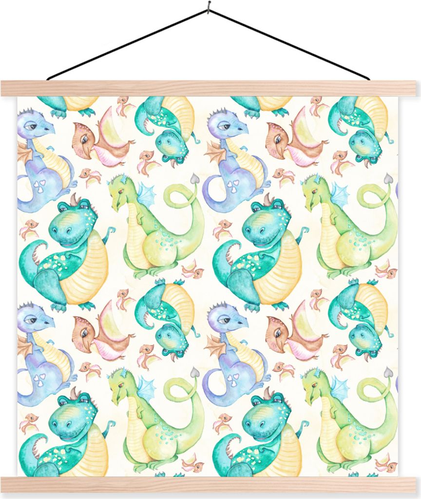 MuchoWow Textilposter Dinosaurier - Aquarell - Kinder - Kinder - Kinder 120x120 cm mit holzfarbenen Rahmen - Textil-Poster