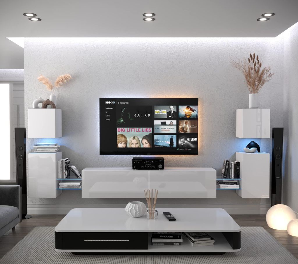Furnitech Wohnwand Wohnzimmer - Wohnzimmer Möbel mit LED Blau - Hängend Wohnwand Modern - Regale und TV Schrank (AN105-21W-HG2 1A)