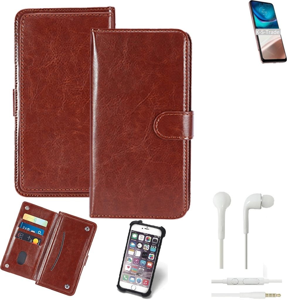 K-S-Trade 360° Hülle kompatibel mit Motorola Moto G42 inkl. Headphones braun Kunstleder Case BookCase WalletCase Kunstlederederhülle Handyhülle,