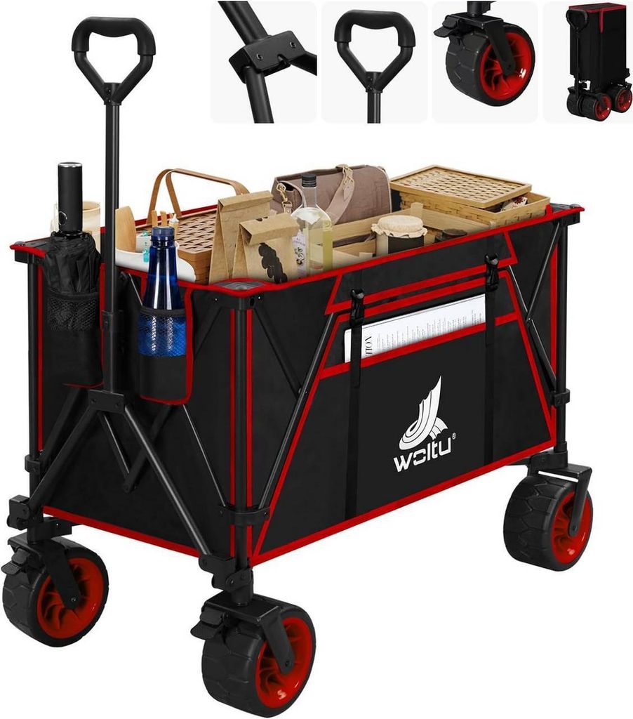 WOLTU Bollerwagen faltbar, mit Bremsen, bis 240 L, 120 kg belastbar, Schwarz+Rot