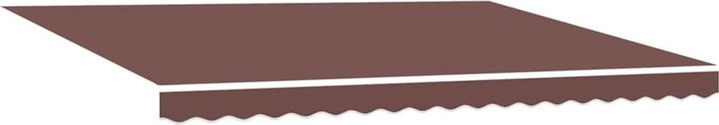 A brown awning with a white stripe and a scalloped edge.