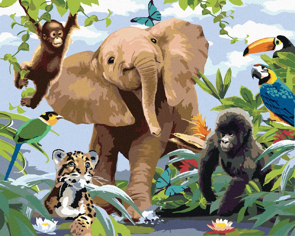 Zuty - Malen nach Zahlen - ELEFANT UNTER TIERFREUNDEN (HOWARD ROBINSON), 40x50 cm, ohne Keilrahmen