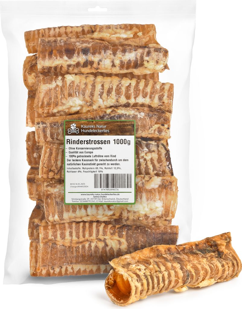 A bag of dried beef trachea chews for dogs.