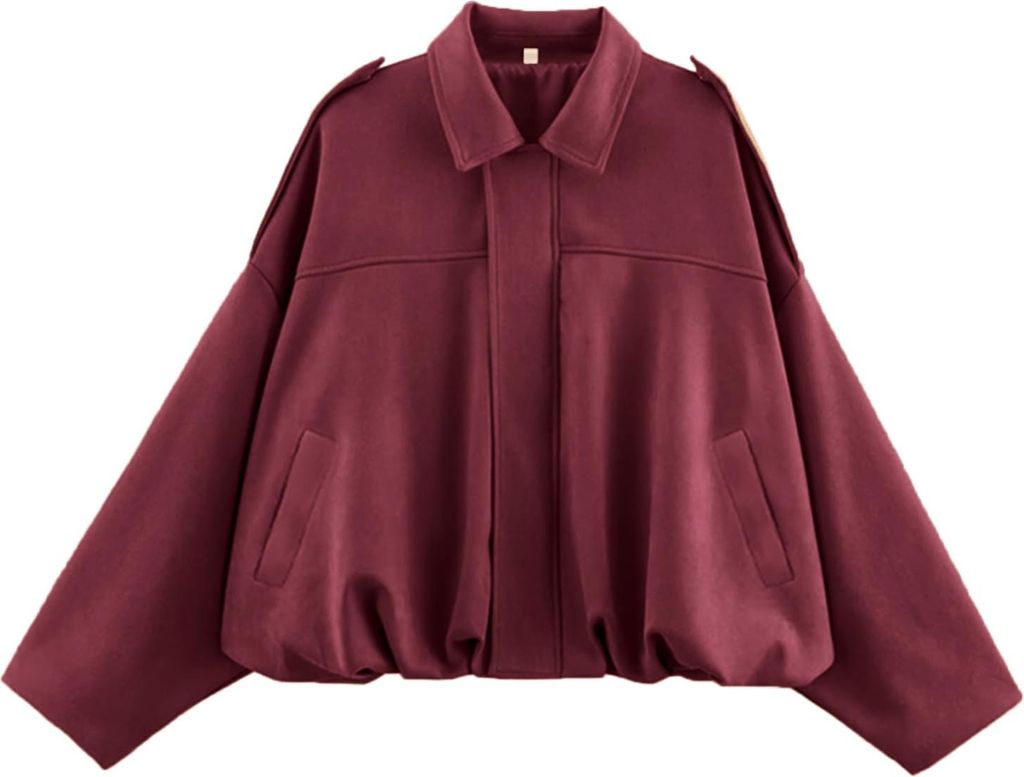 ASKSA Damen Jacke Wildlederjacke Kurz Oversized Bomberjacke aus WildKunstleder Revers Herbst Streetwear Winterjacke (Weinrot,XL)