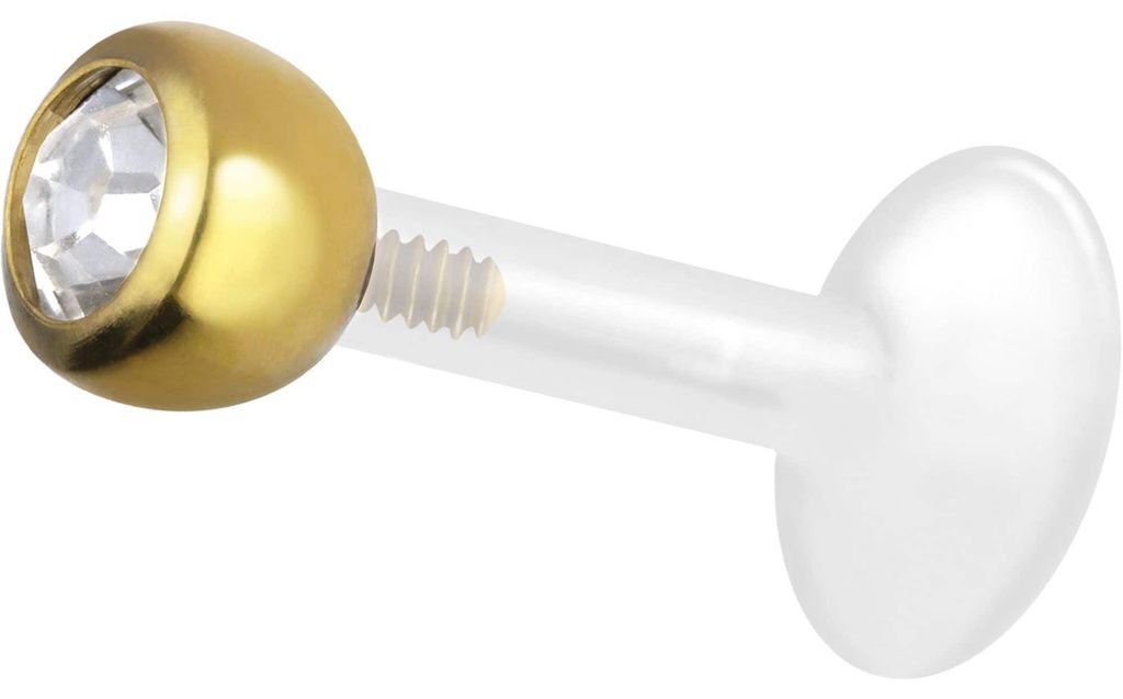Ohrpiercing, Nasenpiercing PTFE Labret mit Innengewinde + Titan-Aufsatz KRISTALL Gold Stablänge: 9mm + Stabstärke: 1,2mm + Kugelgröße: 4mm