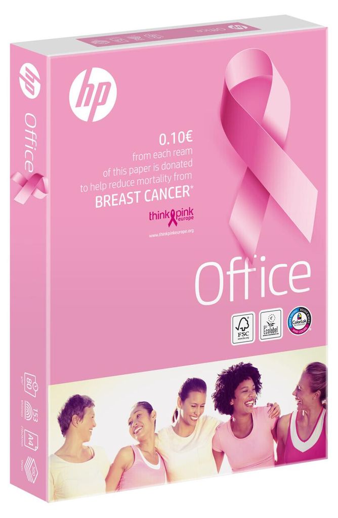 A pink HP Office paper ream box with a pink ribbon for breast cancer awareness, featuring a group of women smiling.