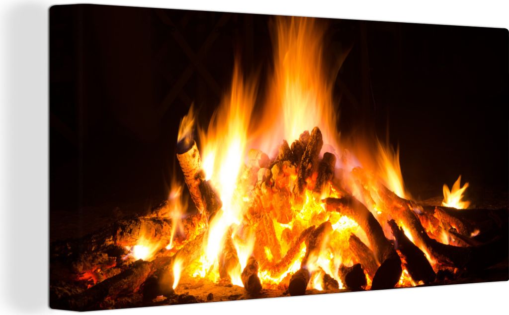 MuchoWow - Leinwandbilder - Kamin vor schwarzem Hintergrund, Wandbild, Wanddeko Bilder Wohnzimmer, 80x40 cm