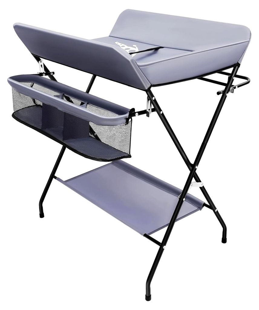Klappbarer Wickeltisch, Tragbare Wickelkommode mit unterem Ablagefach, bis 25 kg, Ablagefläche 80 x 63 cm, Dunkelgrau