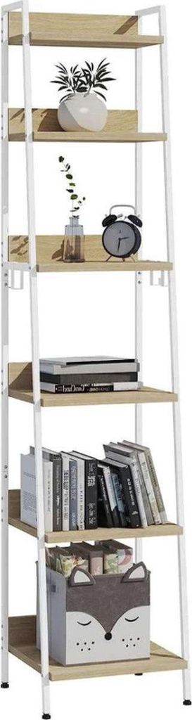 Happyment Bücherregale Dida – Industriell – 6 Lagen – Weiß/Eiche – Bücherregal – Wohnzimmer, Schlafzimmer & Kinderzimmer – Holz/Meta...