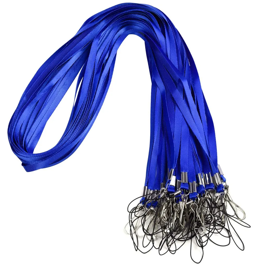 Tour de cou bleu avec mousqueton J et anneau, pack de 30 pièces 43cm