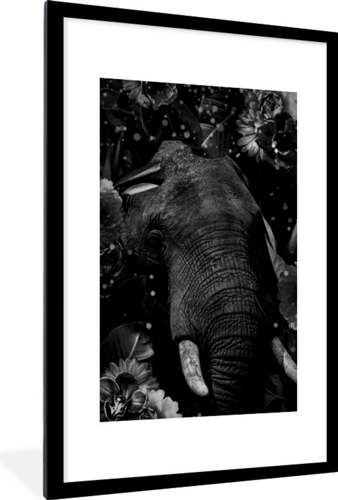 MuchoWow Gerahmtes Poster Botanischer Elefant mit hellen Kugeln auf schwarzem Hintergrund - schwarz und weiß 60x90 cm - Poster mit Schwarzem Bil...