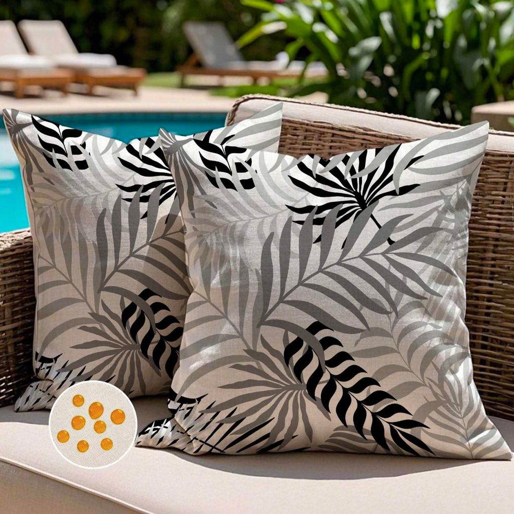 Kissenbezug 45x45 cm Schwarz Grau Wetterfest Sofakissen Gartenkissen Sommer Tropische Blätter Dekorative Kissenbezüge für Sofa und Gartendekorat...