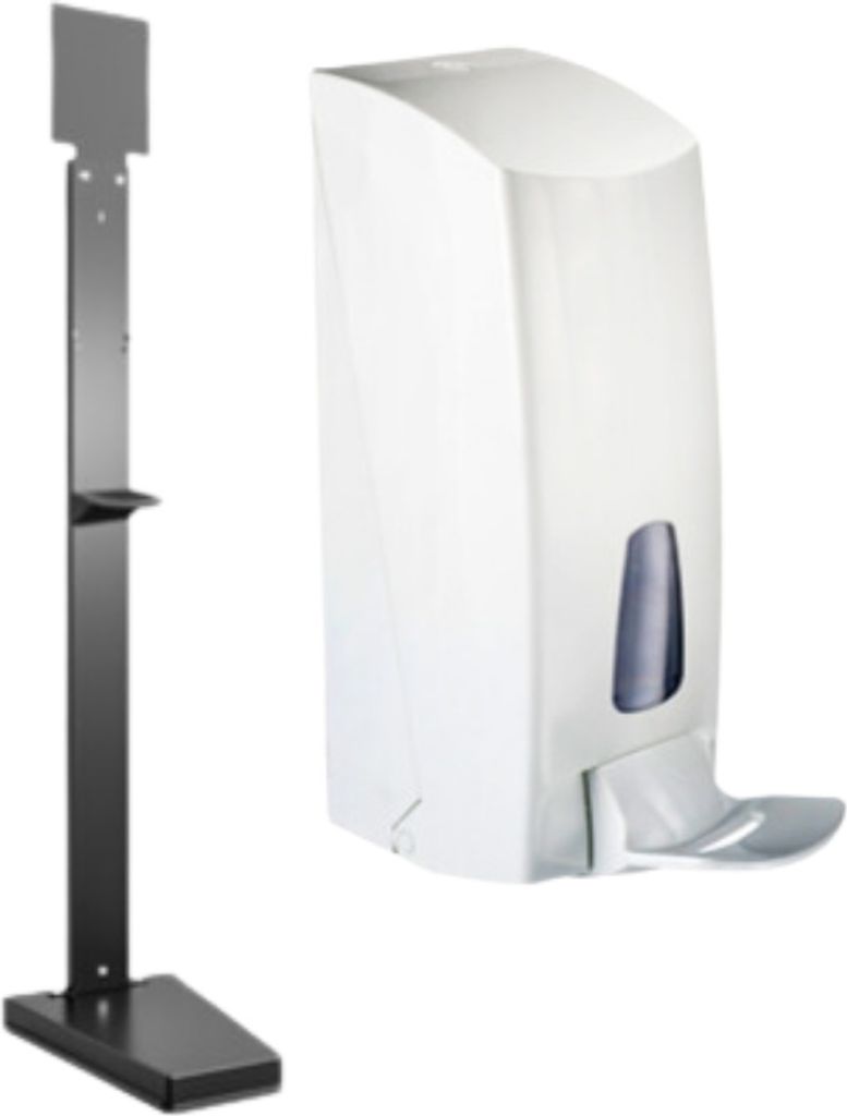 SET Desinfektionssäule aus pulverbeschichtetem Stahl + Desinfektionsmittelspender in Weiss mit Armhebel von Marplast Nachfüllbar, MP 855 + MP 612