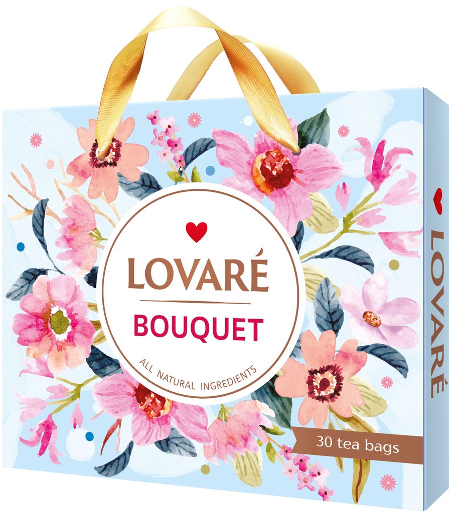 A gift box of tea with a floral design and a ribbon handle.