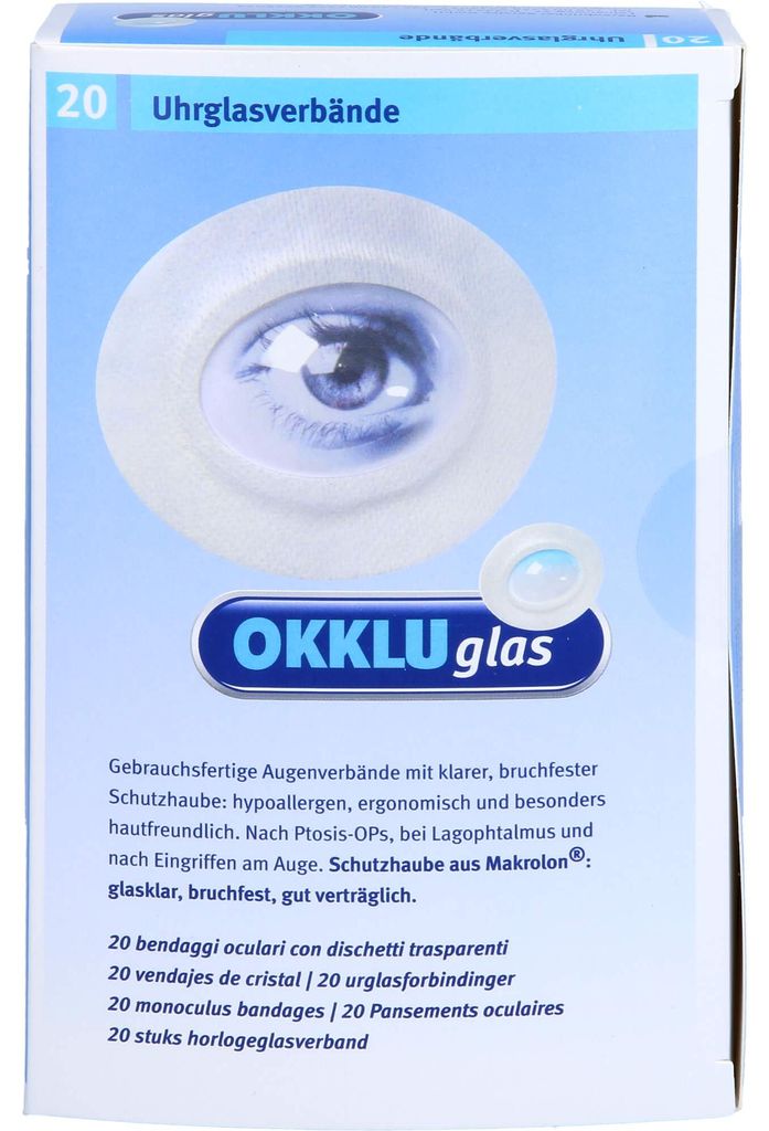 Okkluglas Uhrglasverband gebrauchsfertiger Augenverband mit klarer, bruchfester Schutzhaube, 20 St. Verband