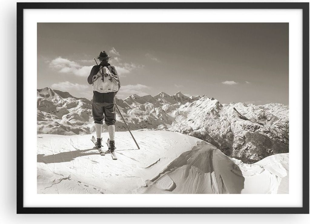 Gerahmtes Poster - Schwarzer Rahmen - Skifahrer Bayern Sepia - 70x50 cm - Wand Bild - Wanddeko - Wandbilder - Kunstposter - Wandposter - Bilderrahm...