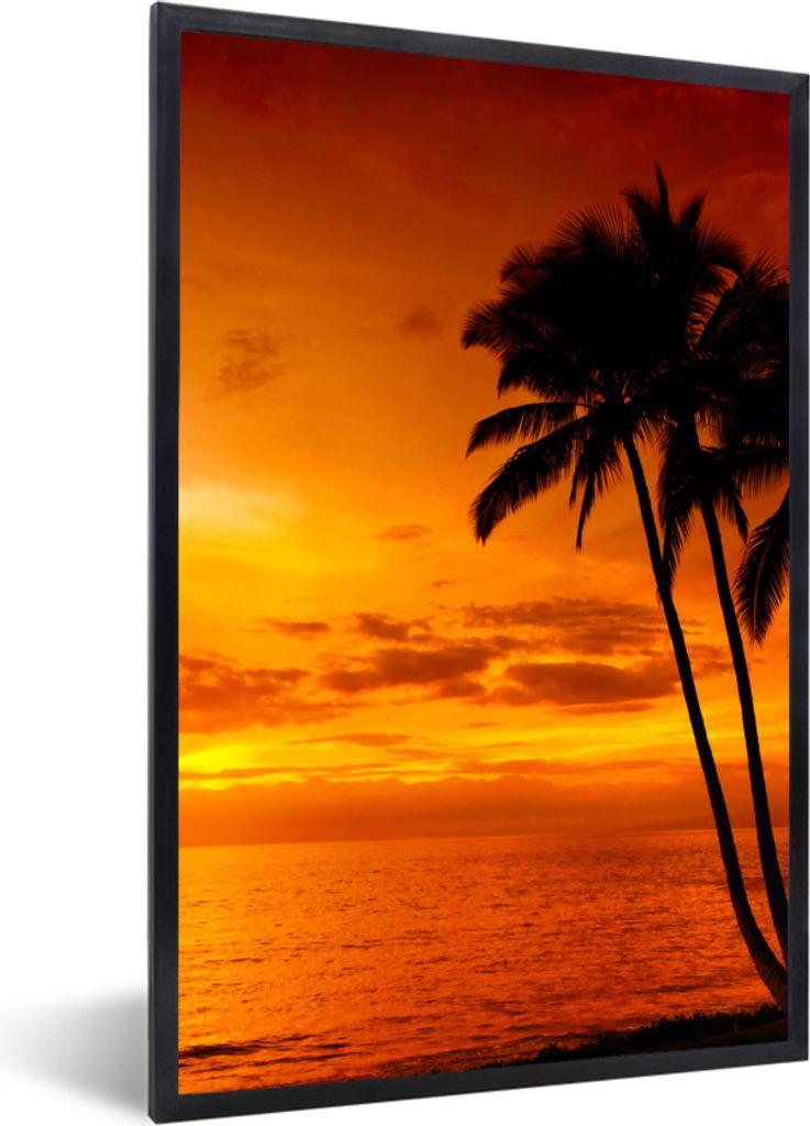 MuchoWow Gerahmtes Poster Palme - Sonnenuntergang - Tropisch - Orange - Meer 40x60 cm - Poster mit Schwarzem Bilderrahmen Wandposter Rahmen Foto ...