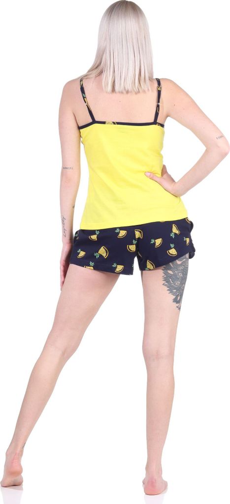 Süsser ärmelloser Damen Schlafanzug Shorty Pyjama mit Zitronen als Motiv - 112 206 90 535 ; gelb , 48-50