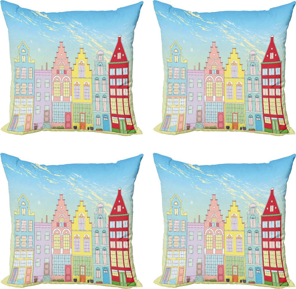 ABAKUHAUS Amsterdam Kissenbezug Set (4 Stück), Vibrierende Häuser in Holland, Moderner Doppelseitiger Digitaldruck, 45 cm x 45 cm, Deep Sky Blau ...