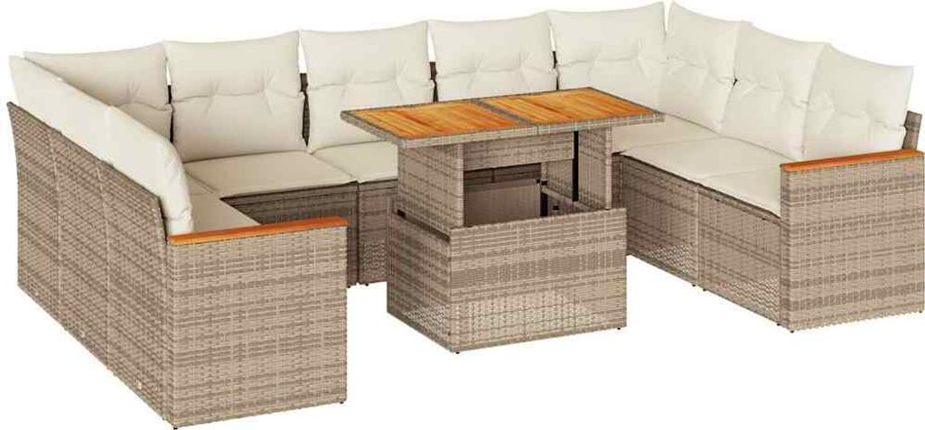 vidaXL 10-tlg. Garten-Sofagarnitur mit Kissen Beige Poly Rattan Akazie