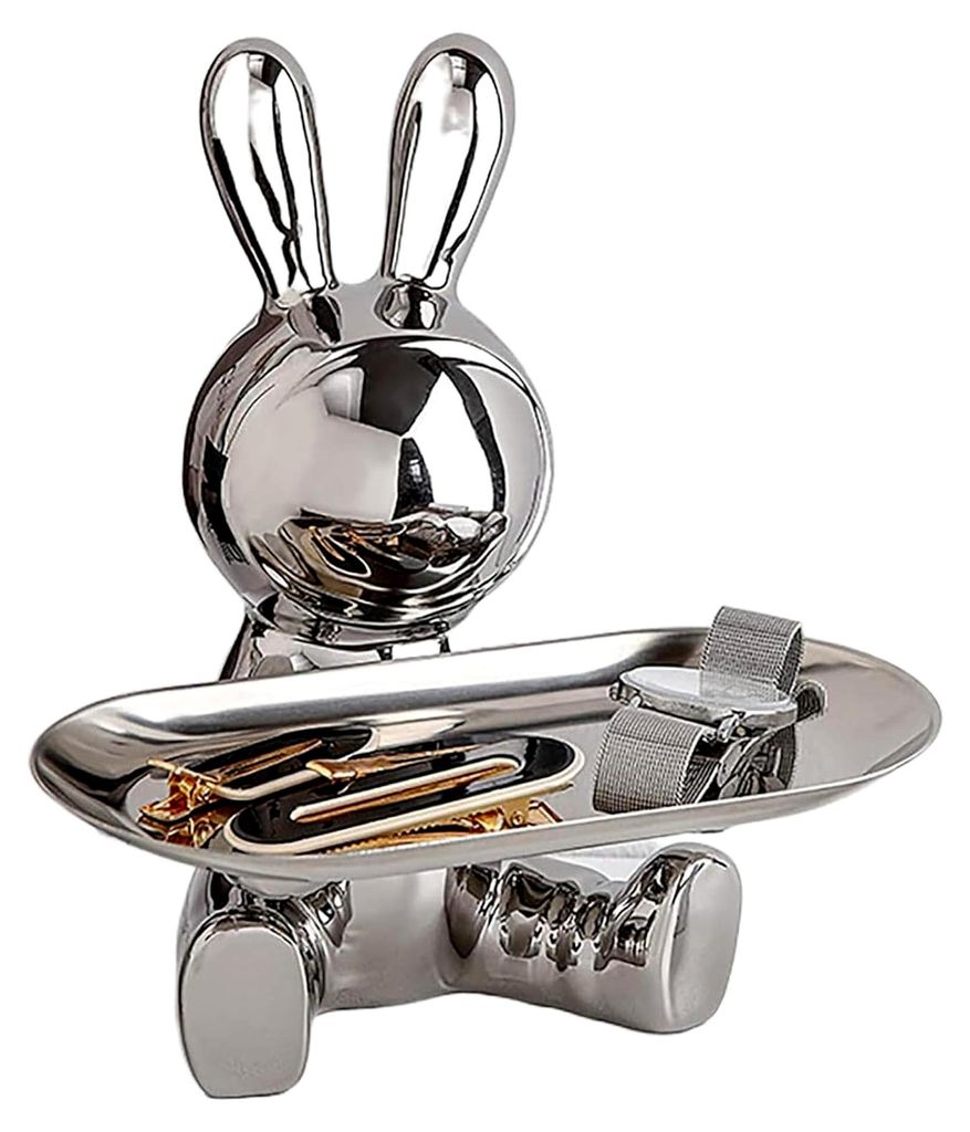 Schlüsselschale für Eingangstisch, 7x7 cm, Keramik Kaninchenstatue mit Tablett