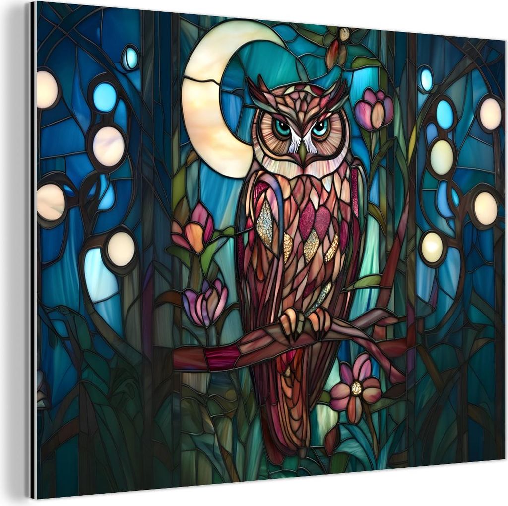 MuchoWow Wanddekoration Metall Metallbild Wandkunst 40x30 cm Eule - Mosaik - Mond - Nacht MuchoWow Aluminium Gemälde - Dekoration Wohnzimmer