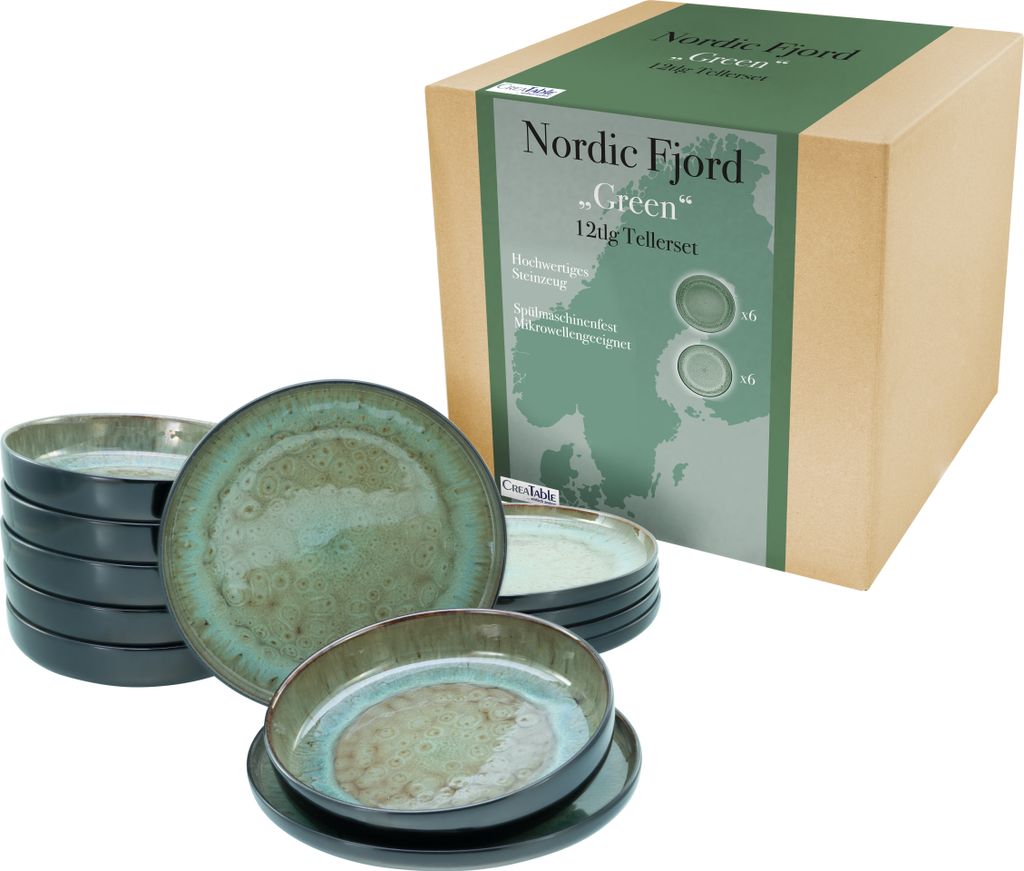 CreaTable, 21556, Nordic Fjord Green, Tellerset 12-tlg, Steinzeug
