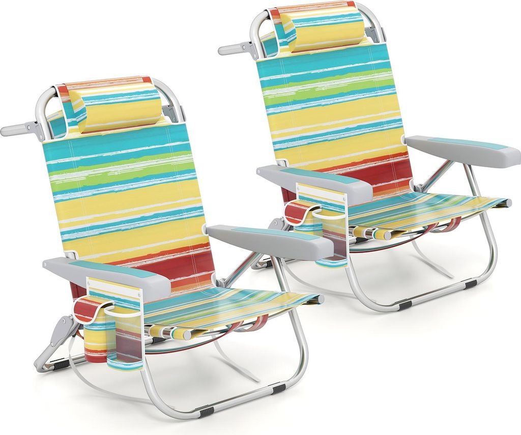 COSTWAY 2er Strandstühle klappbar, Campingstühle mit verstellbarer Rückenlehne Kopfstütze Seitentaschen Schultergurten Handtuchhalter Armlehnen...